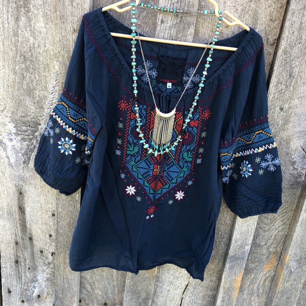 Johnny Was 3J Workshop Embroidered Bohemian Peasant Blouse Size Medium Blue